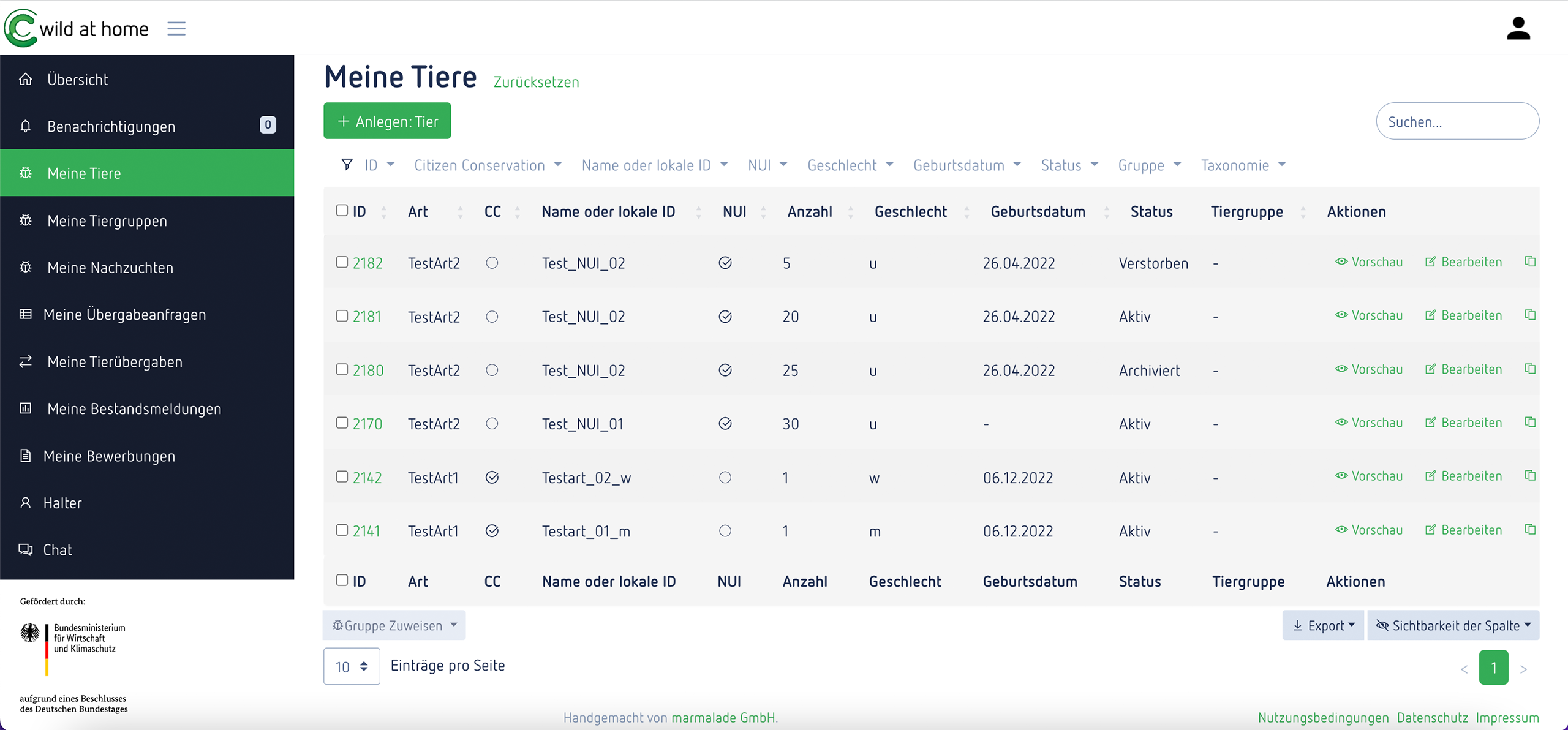 Das Bild zeigt den Bereich Meine Tiere bei Wild at Home.