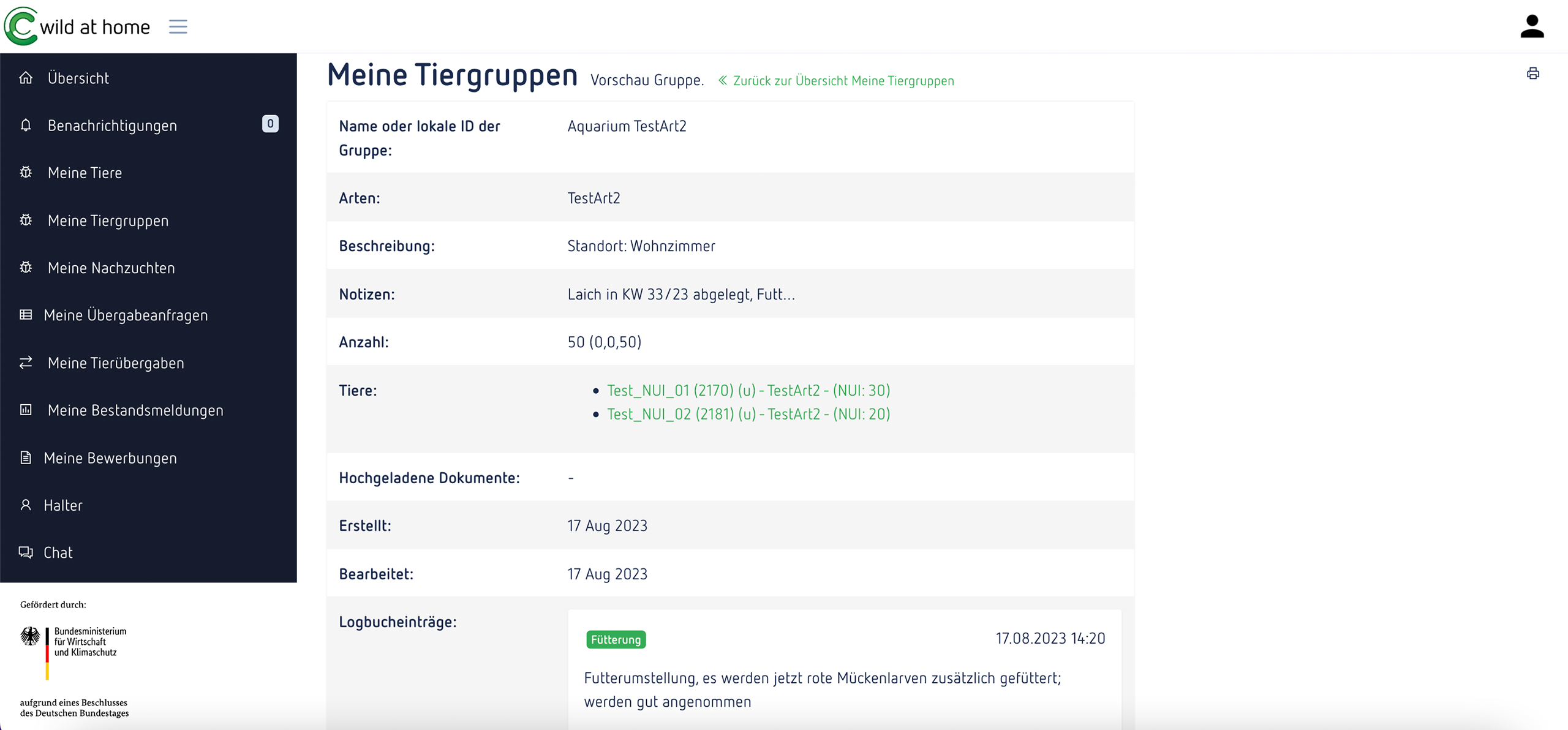 Das Bild zeigt den Bereich Meine Tiergruppen bei Wild at Home.