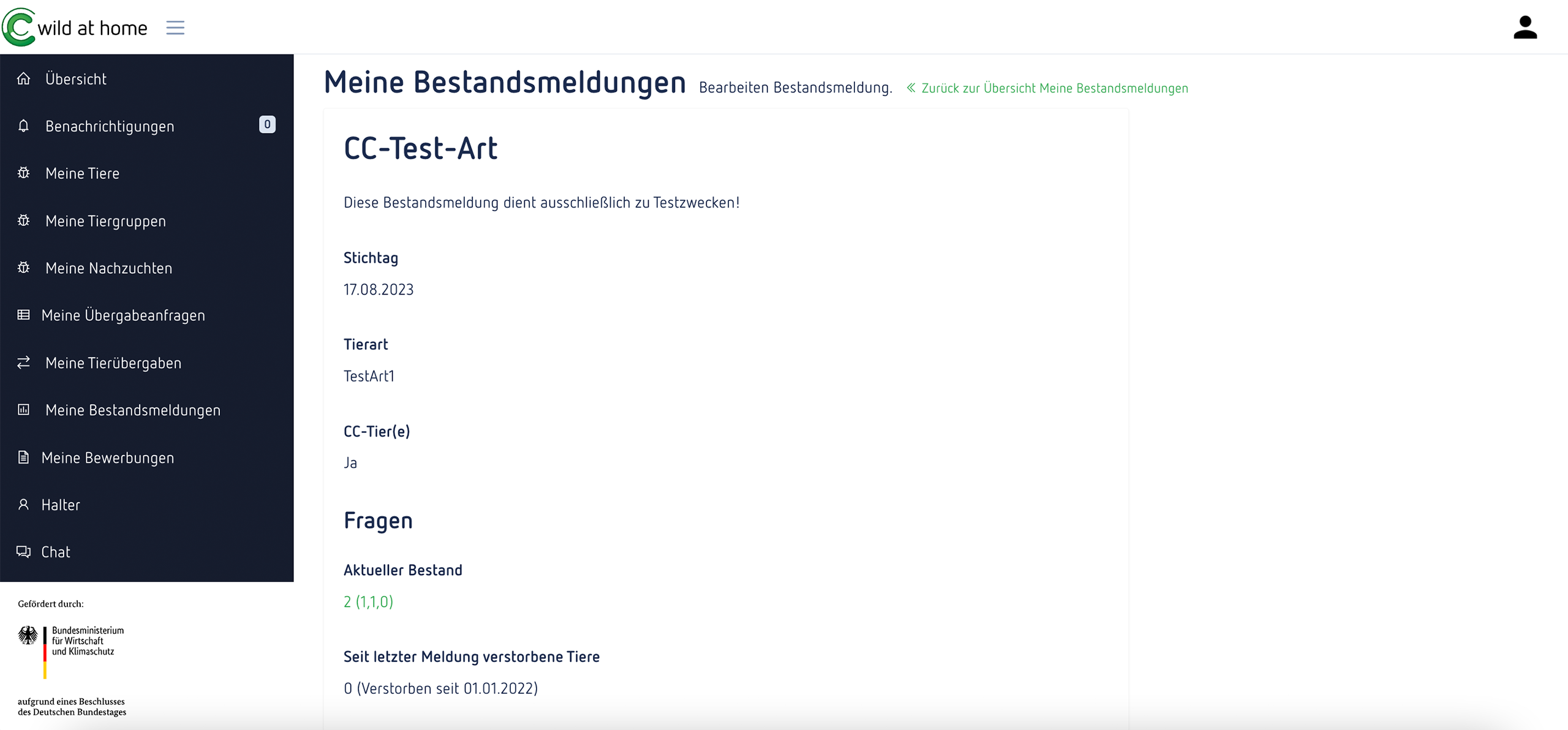 Das Bild zeigt eine Bestandsmeldung, die ein User bei Wild at Home erhält, wenn er oder sie bei einem Zuchtprogramm wie CC mitmacht.